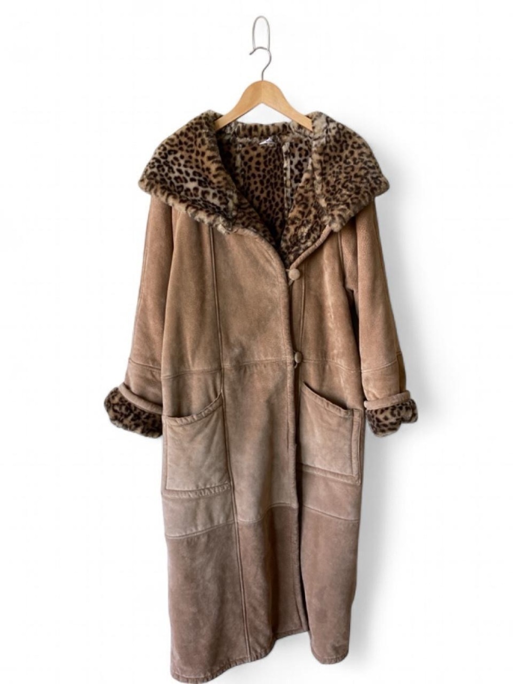 Vintage Marvin Richards Taupe Suede Trench with Leopard Faux-Fur Trim